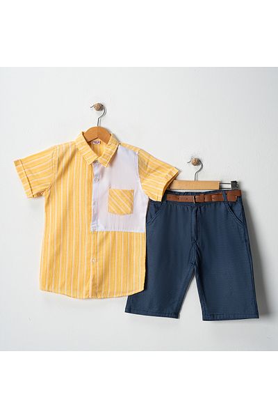 Bulut Baby Boy's Stripe Pattern Shirt Linen Shorts Set of 2