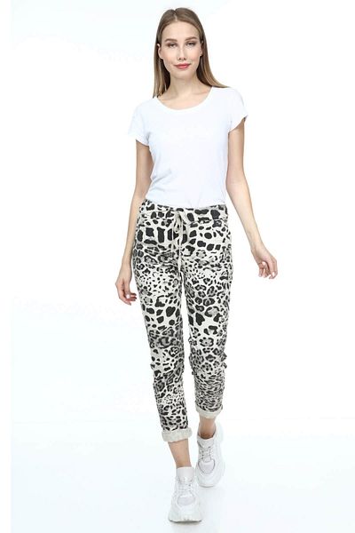 AYASOFYA OTANTIK Women's Italian White Leopard Pattern Waist Tied Skinny Trousers
