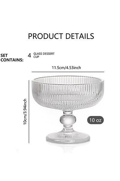 Home Zone Set of 4 Stripes Clear Glass Bowl for Sundae, Ice Cream, Fruit, Cocktail, Lead-Free (10oz/300ml)