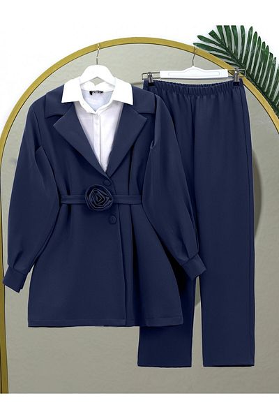 Modamorfo Double Breasted Collar and Rose Detailed Jacket and Trousers Set - Navy