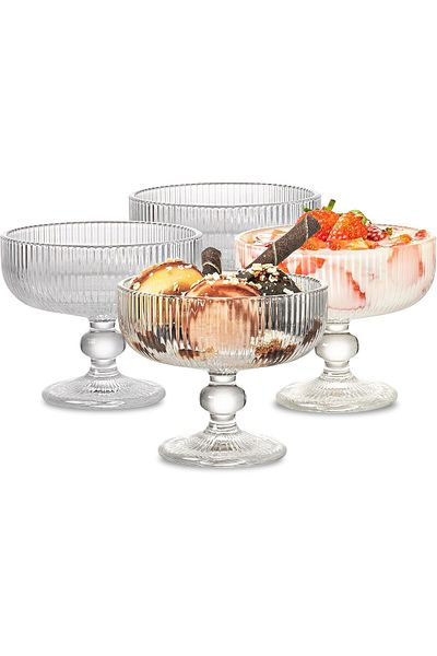 Home Zone Set of 4 Stripes Clear Glass Bowl for Sundae, Ice Cream, Fruit, Cocktail, Lead-Free (10oz/300ml)
