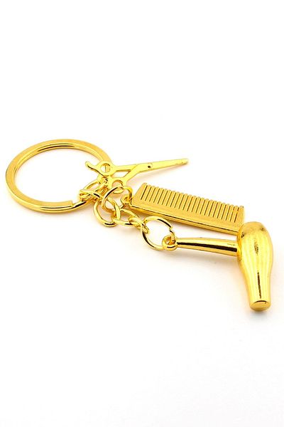 Solfera Yellow Gold Blow Dry Comb Scissors Hairdresser Barber Metal Keychain Kc176