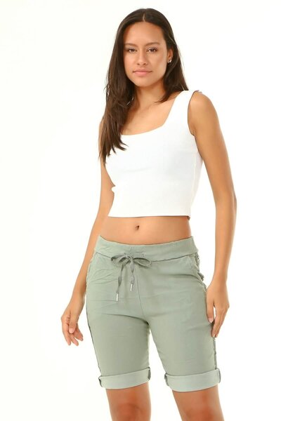 AYASOFYA OTANTIK Kadın İtalyan Haki Beli Lastikli Bağlamalı Kuş Gözü Şeritli Cepli Likralı Slim Bermuda Şort