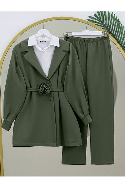 Modamorfo Double Breasted Lapel Jacket Pants Set with Belt Rose Detail - Khaki