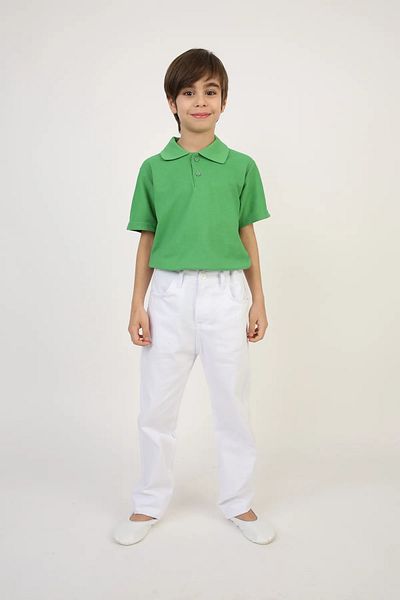 NOBLE STORE Boy's Green Short Sleeve Polo Neck T-Shirt White Pants Suit April 23, October 29 Show Outfit