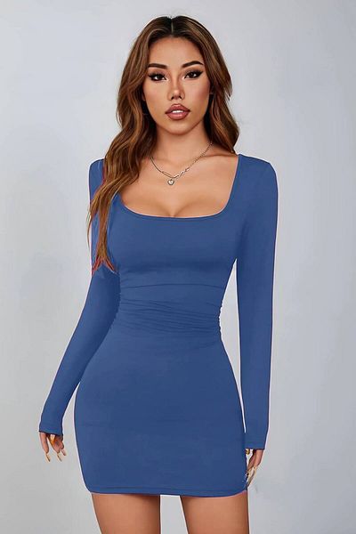 Kayaka triko Square Neck Long Sleeve Lycra Mini Dress