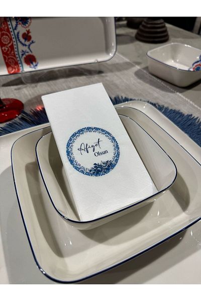busrasdesign Bleu Round Bon Appetit Printed Presentation Napkins 16 Pcs