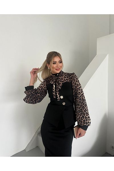 1Moda1Tarz Γυναικείο φόρεμα ειδικής σχεδίασης με λεοπάρ ύφασμα εισαγωγής με λεπτομέρεια με κουμπιά