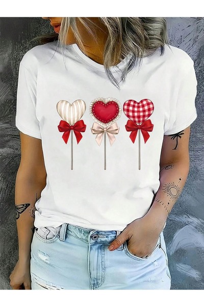 PALPİTO تي شيرت نسائي أبيض كبير الحجم مطبوع عليه قلب بالون