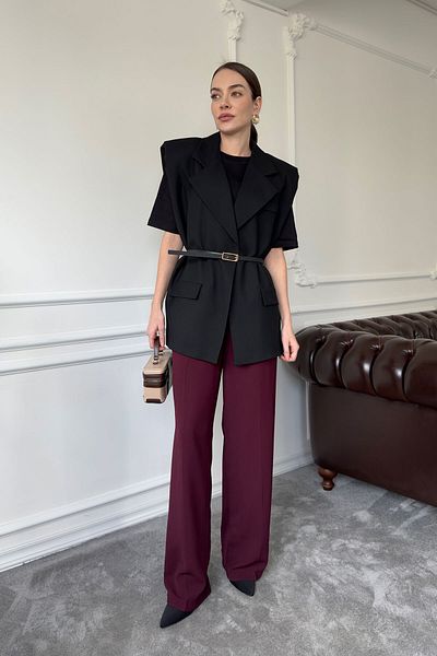 MAGARDE Pleated Palazzo Trousers with Elastic Waist - Bordo