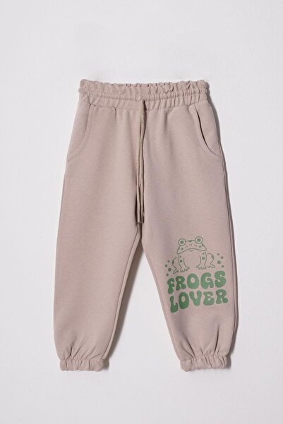 zepkids Kurbağa Baskılı Lastikli Paça Taş Renk Erkek Çocuk Eşofman Tek Alt
