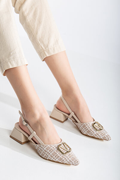 AYENDE MODA Blush Dokuma Sivri Burunlu Yeni Sezon Kısa Blok Topuklu Kadın Ayakkabı