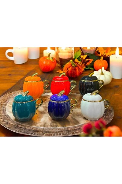 Lavin EVİMSAHANE BAL KABAĞI PORSELEN 6 RENK KAPAKLI KUPA SETİ