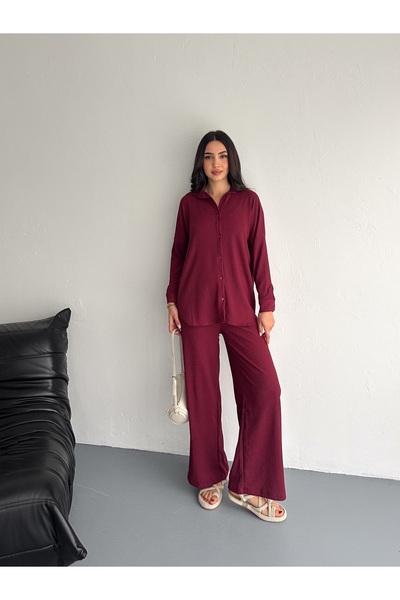 02Lady Fashion Seersucker Long Sleeve Shirt Bürümcük Shirt Wide Legged Double Suit