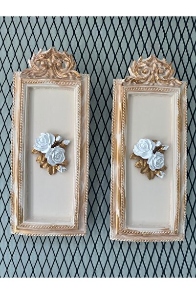 busraconcept Duvar tablosu 2li set krem-gold çiçekli tablo 50cm