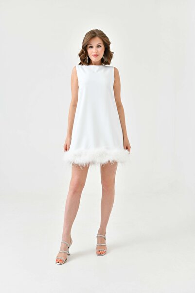 Viskosa White Feather Sleeveless Mini Chiffon Dress