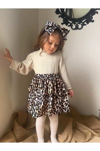 diamondstar Трикотажний комплект з леопардовою спідницею та банданою, 3 предм...