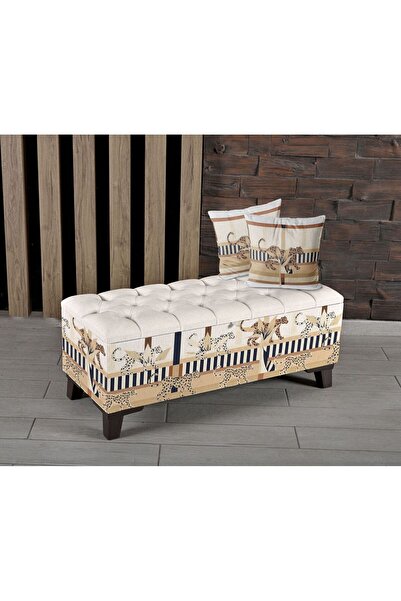 Armi Puf Krem Zeminli Leopar Desenli Sandıklı Puf +2 Kırlent