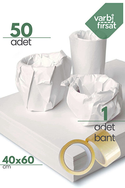 Varbifırsat 50 Adet 40x60 Tabak - Bardak Sarma Taşıma Taşınma Paketleme Kağıdı Hediye Paketi 1 Adet Koli Bandı