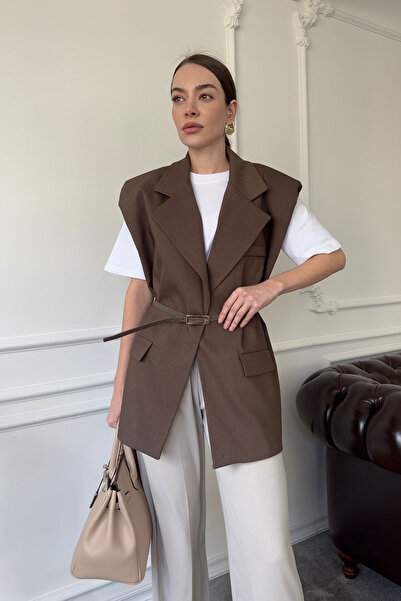 MAGARDE Кафява жилетка с колан с подплата на раменете