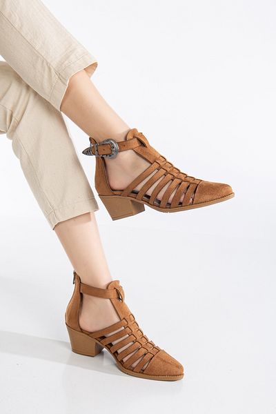 MS SUGAR SHOES Обувки на токчета с катарами и сламена шарка в винтидж стил, кафяви и в цвят сламена