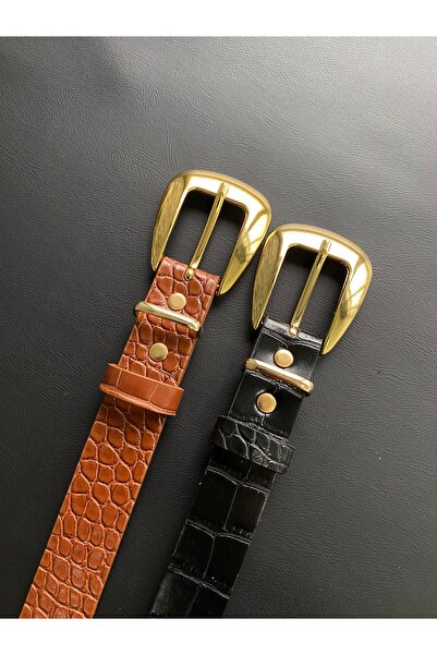 LİA KEMER Pachet de 2 curele din piele de crocodil cu cataramă aurie Curea de...