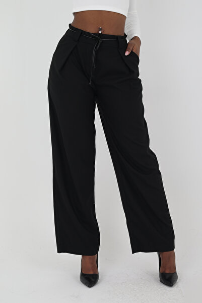 Viskosa Black High Waist Rope Belt Palazzo Pants