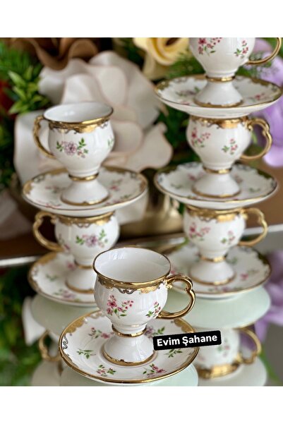 Lavin EVİMSAHANE DARİAN AYAKLI PEMBE ÇİÇEKLİ KAHVE FİNCAN TAKIMI