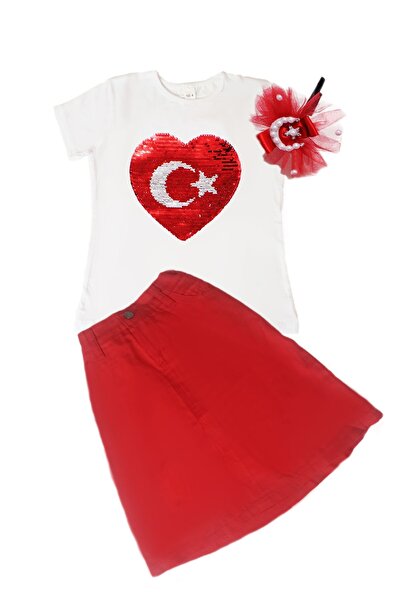 Genel Markalar Ay Yıldız  Kırmızı Keten Kız Çocuk Takım- 23 Nisan Tören Elbisesi