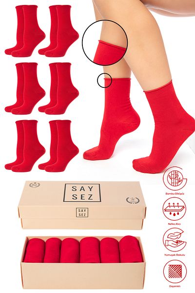 SAYSEZ Red Bamboo Premium Socks - Elastic and Seamless, Box of 6