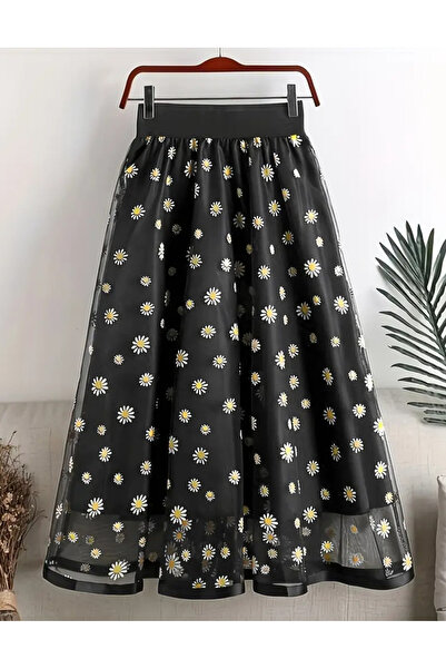 BENİMOLMALI Maxi Etek Uzun Etek Yüksek Bel Etek Kabartmalı Papatya Desenli Te...