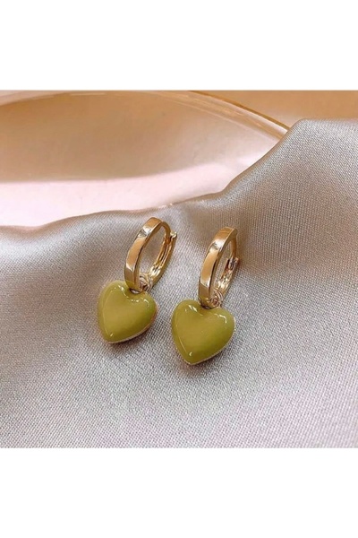 Accessories Vanilla Avenue Yeşil Kalpli Damla Şeklinde Altın Sarısı Detaylı Sallantılı Kadın Küpe