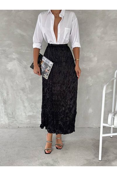 Cistern İstanbul Women's Black Cropped Long Satin Skirt