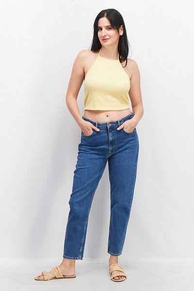 Esprit Women Mom Fit Textured Stretchable Jeans, Blue
