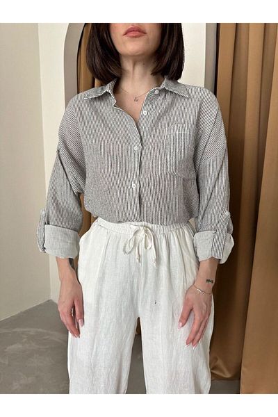 Cistern İstanbul Women's Black Muslin Fabric Striped Shirt