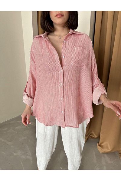 Cistern İstanbul Women's Red Muslin Fabric Striped Shirt