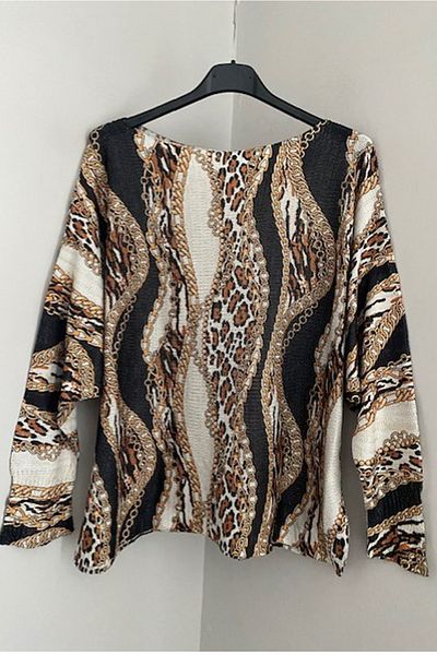 AYASOFYA OTANTIK Women's Italian Anthracite Silvery Chain Leopard Print Long Sleeve Mercerized Blouse Sweater