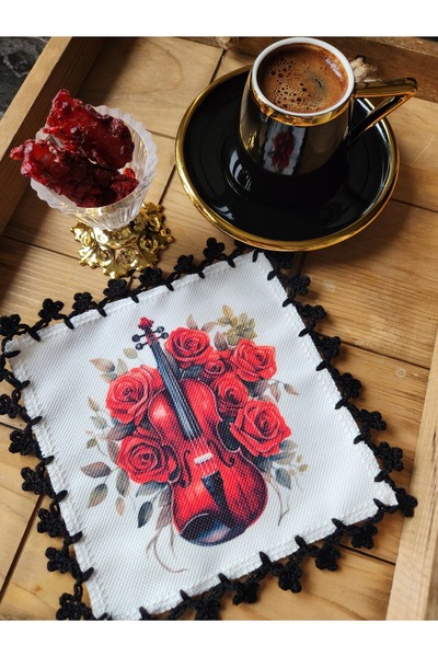 Runner Supla Home 2Pcs Decorative Red Violin and Rose Pattern Cocktail Presentation Napkin Coffee Side