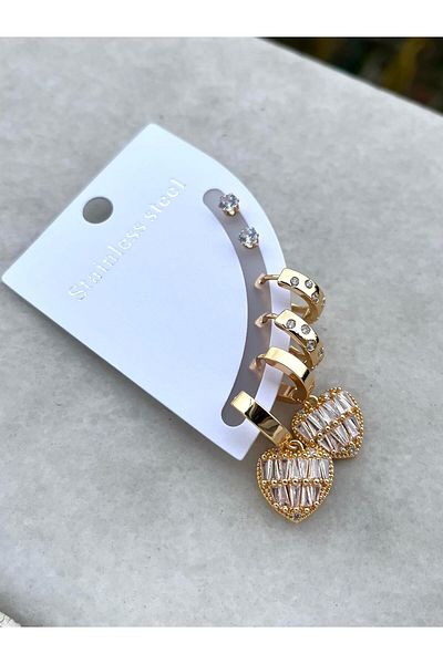 Modadiro Steel Earring Set, Earring Set, Baguette Heart Gold