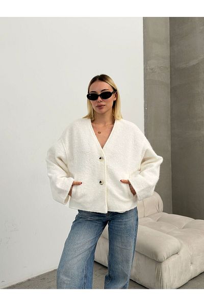 Zey Studio Women's Cream Gray V-Neck Double Button Detailed Stamp Jacket