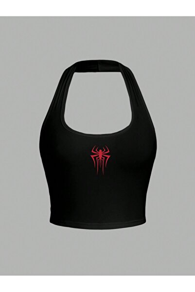 EVIus Bluză neagră cu imprimeu păianjen pentru femei, cu gât cu șalț