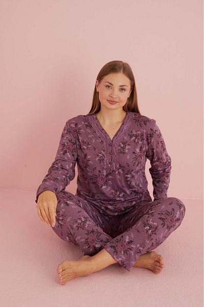 Eyfuze Women's Large Size Patterned Buttoned Collar Long Sleeve Bamboo Pajama Set