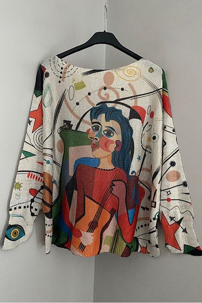 AYASOFYA OTANTIK Women's Italian White Silvery Guitar Girl Pattern Long Sleeve Mercerized Blouse Sweater