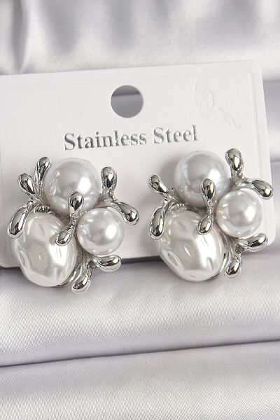 suhleco Brass Silver Color Pearl Bud Model Women's Earrings