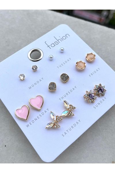 Modadiro Steel Earring Set, Earring Set, Pink Heart Gold