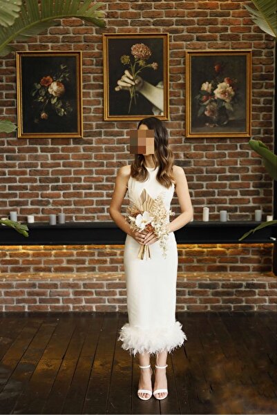 Shop Krutzo Beyaz Tüylü Otriş Detaylı Midi Boy Abiye Nişan Söz Nikah Evden Çıkış Elbisesi