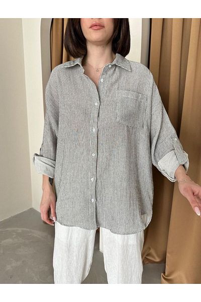 Cistern İstanbul Women's Black Muslin Fabric Striped Shirt