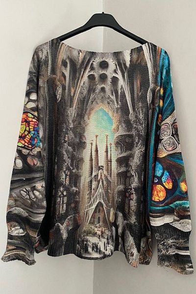AYASOFYA OTANTIK Women's Italian Anthracite Silvery Cathedral Print Long Sleeve Mercerized Blouse Sweater