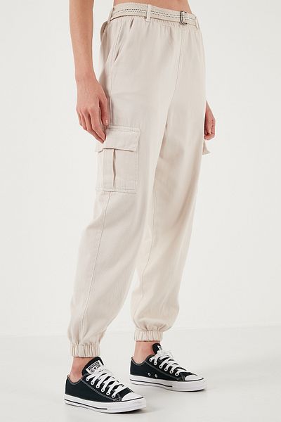 Lela Standard Fit Cotton Jogger Pants Luxury Elasticated Leg Belt Pants 668Yp5045