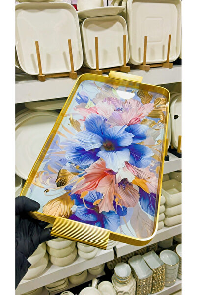 AROW Çırağan Home Natura Metal Çerçeveli Cam Çiçek 3 Desen Tepsi